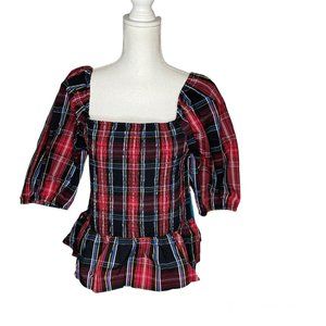 Draper James RSVP Women's Elbow Sleeve Smocked Peplum Top Large Red/Black